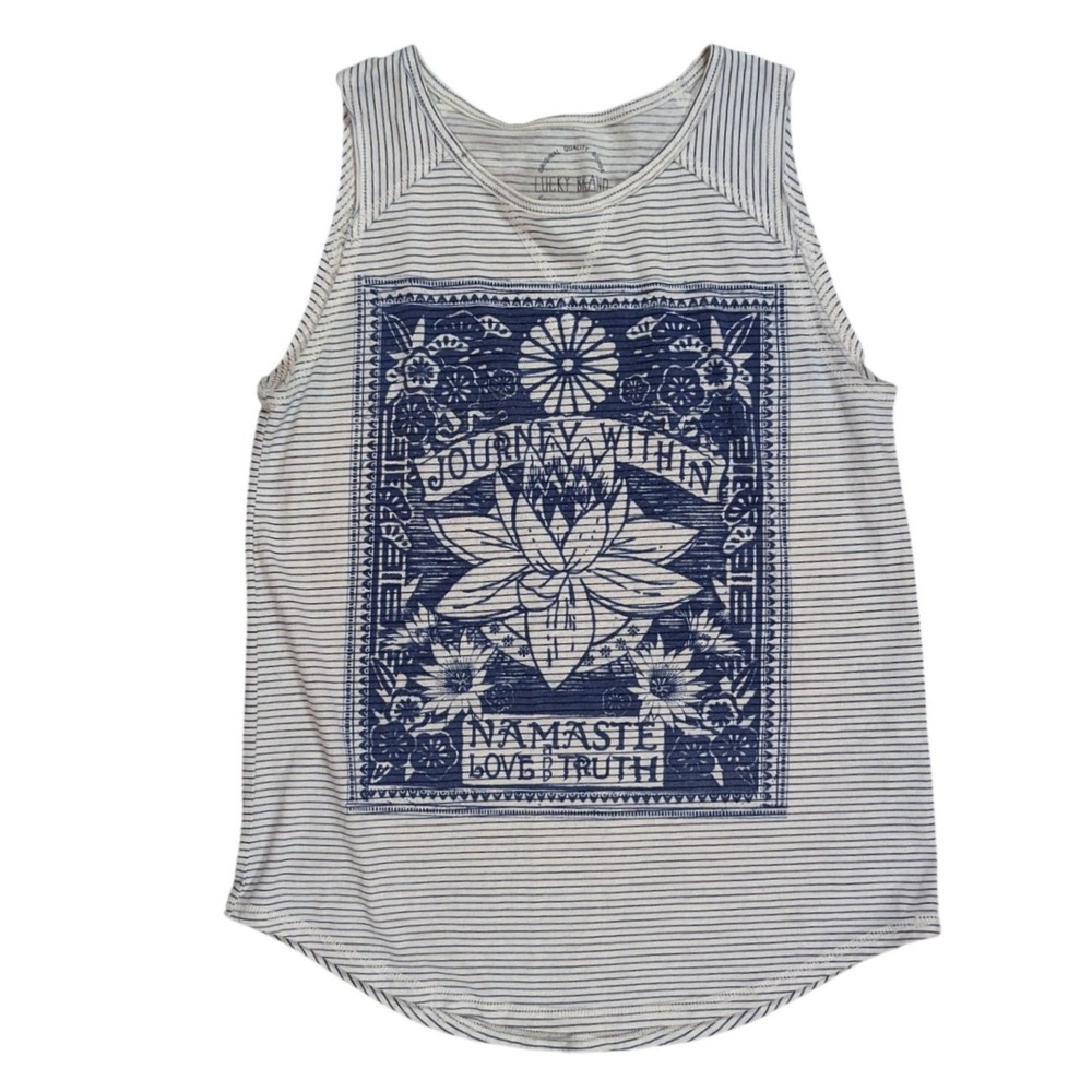 Lucky Brand Tank Top Womens S White Blue Striped Namaste Lotus Graphic Boho Chic - Picture 5 of 9